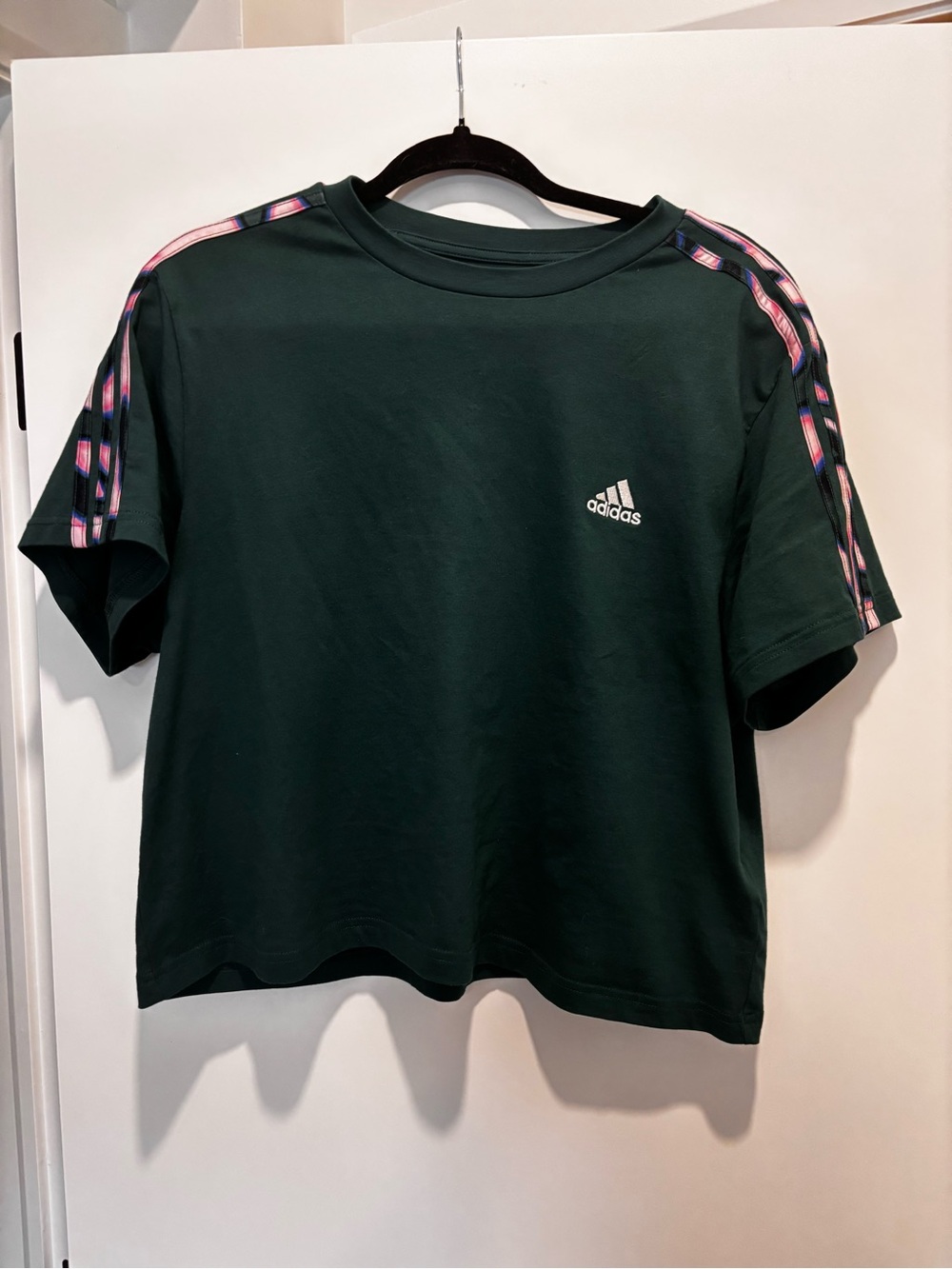 adidas Green Short-Sleeve Crop Tee with Pink Accent Stripes
